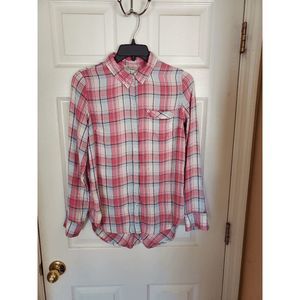 Women Lucky Brand Size Medium Flannel Shirt Button Long Sleeve Metallic Plaid